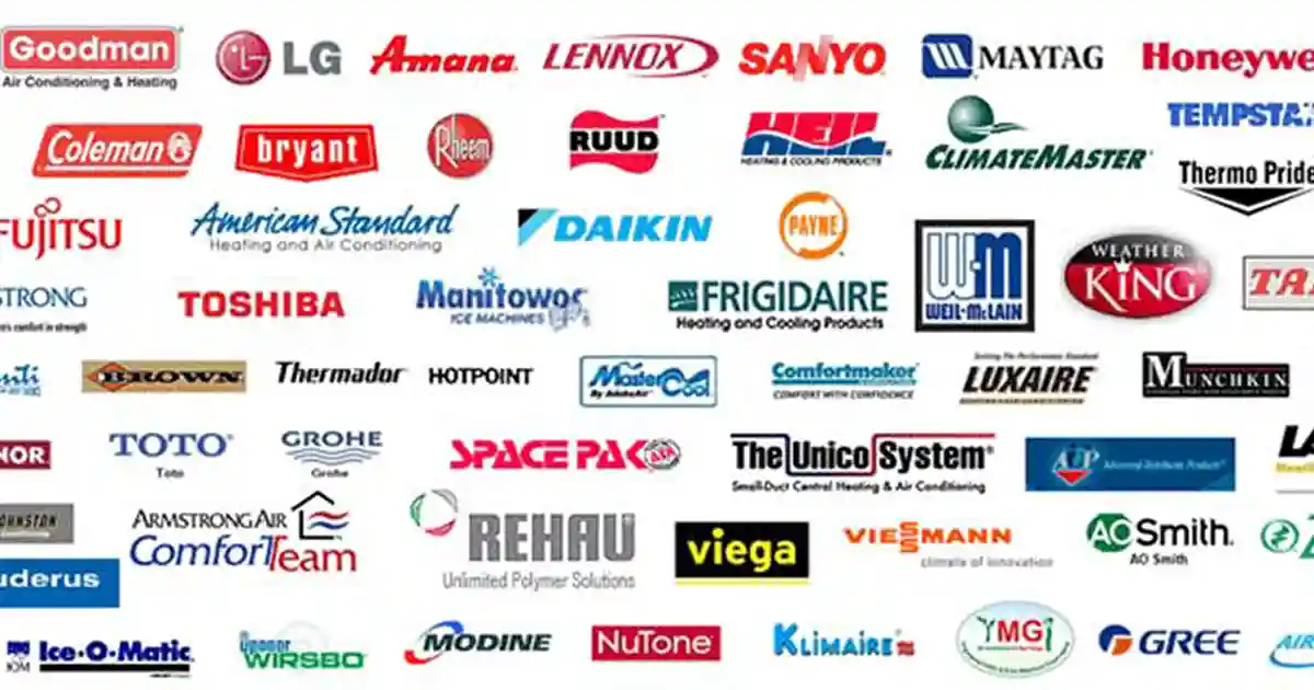 HVAC brands serviced including York, Goodman, Carrier, Trane, Lennox, Rheem, Ruud, Daikin, American Standard, Bryant, Coleman, Fujitsu, LG and Mitsubishi